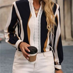 Navy white and gold long sleeve lace detail blouse